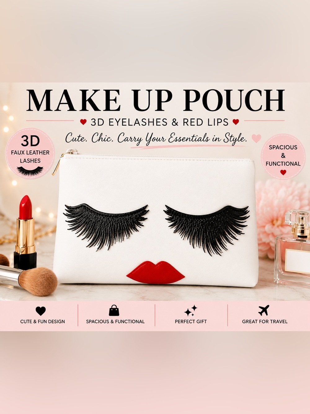 New White Faux Leather Makeup Bag Pouch - 3D Eyelashes & Red Lips